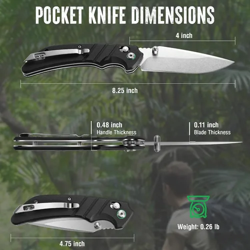 Vista 2 de Mossy Oak Cuchillo de bolsillo plegable, hoja de acero inoxidable con acabado stonewash de 4", cuchillo EDC, mango G10 con Axis Lock y clip