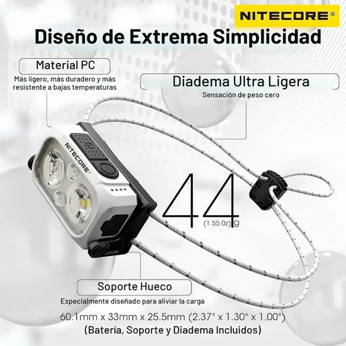 Vista 3 de Nitecore NU21 linterna frontal ultra ligera de 360 lúmenes para exteriores con haz dual USB-C recargable con etiqueta (blanco)