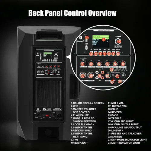 Vista 2 de EXOTON C-12AP - Altavoces PA profesionales de doble alimentación de 12 pulgadas, sistema PA activo y pasivo de 1500 W con pantalla LCD a