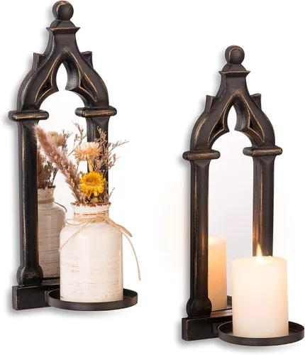 Vista 8 de Juego de 2 candelabros de pared con espejo real, color blanco envejecido French Wood Wall Candle Holder, Shabby Chic Decor, Pointed Arch Frame