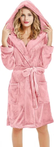 Vista 8 de U2SKIIN Bata de Forro Polar con Capucha para Mujer, Batas de Felpa de Pelo Corto para Mujeres con Capucha Suave y Cálida Bata de Baño para Spa