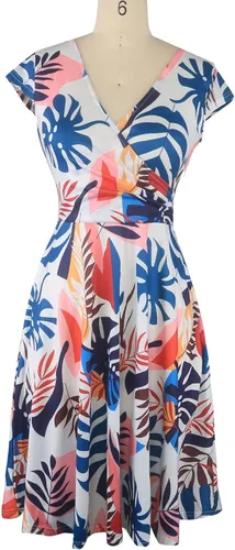 Vista 2 de oxiuly OX233 - Vestido informal, cruzado, con cuello en V, estampado floral, acampanado, por debajo de la rodilla y de verano para mujer
