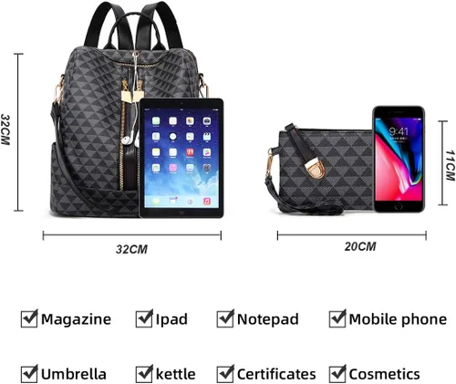Vista 5 de Makes Bolso tipo mochila para mujer, de piel sintética, con diseño convertible, 2 piezas