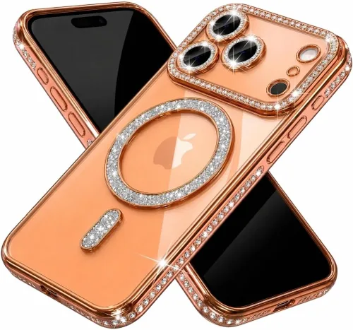 Vista 14 de Funda magnética con purpurina y diamante para iPhone 11 [Compatible con MagSafe] Protector de lente de cámara con brillo de strass, placa de cristal