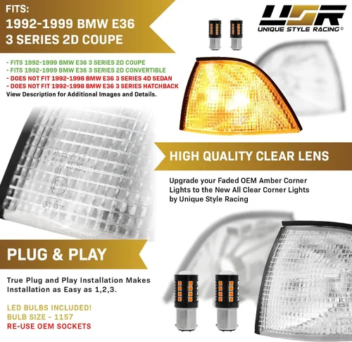 Vista 4 de USR 92-99 Serie 3 E36 - Luz de esquina transparente de 2 puertas, con 2 bombillas LED CANBUS ámbar mejoradas, 2 piezas de lámpara de señal de giro