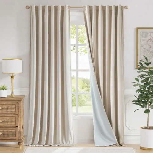 Vista 85 de Lazzzy Cortinas opacas de terciopelo beige de 84 pulgadas de largo con aislamiento térmico para oscurecer la habitación, cortinas forradas de lujo
