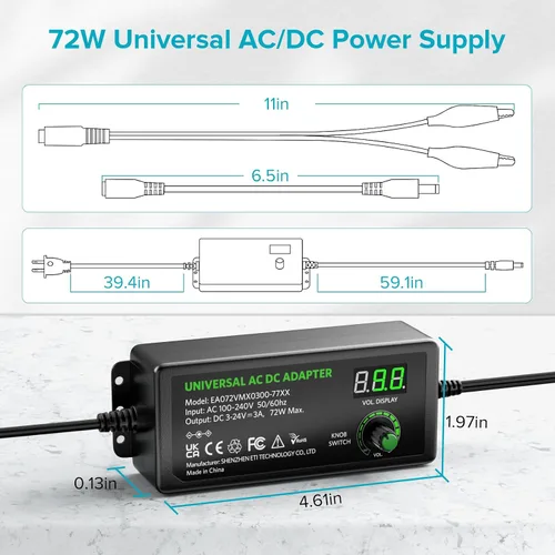 Vista 7 de Powseed Universal Power Supply Variable 3V~24V 3A 72W Multi Voltage Adapter