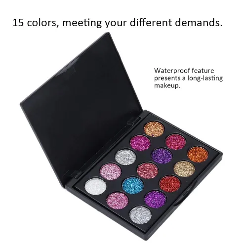 Vista 3 de Paleta de sombras de ojos, paleta de sombras de ojos con purpurina de 15 colores para cosplay, maquillaje de ojos, sombra de ojos brillante, polvo
