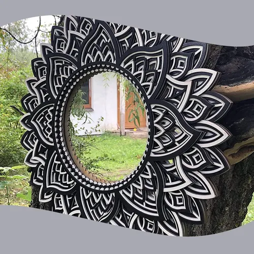 Vista 7 de BHDecor Espejo para decoración de pared para el hogar, marco tallado con láser de varias capas, elegante mandala de madera para colgar, paneles