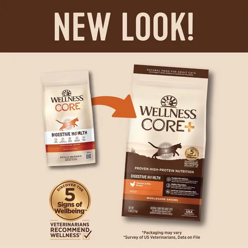 Vista 3 de Wellness CORE+ - Alimento seco para gatos adultos para interiores y exteriores, granos integrales, natural, salud digestiva con pollo y arroz