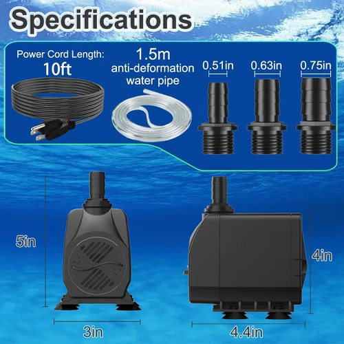 Vista 6 de SongLong Bomba de agua ultra silenciosa de 60 W 800 GPH Cable de 3 pines de 10 pies con tubo, protección contra sobrecalentamiento, perfecta