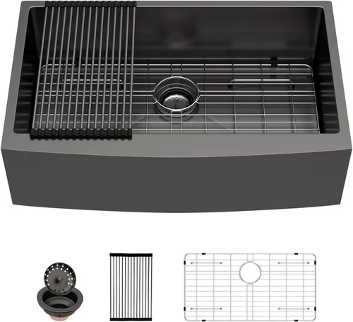Vista 9 de Sarlai Fregadero negro de granja – Fregadero de cocina frontal con delantal de 30 pulgadas x 22 pulgadas, fregadero de cocina estilo casa de campo