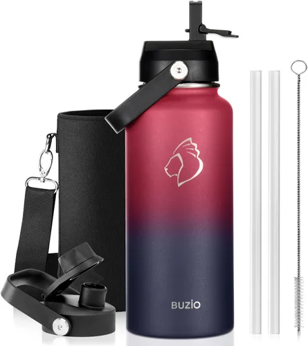 Vista 68 de BUZIO Botella de agua aislada de 24 oz, frasco de agua de boca ancha de acero inoxidable con tapa de pajita, frío durante 48 horas a prueba de Negro