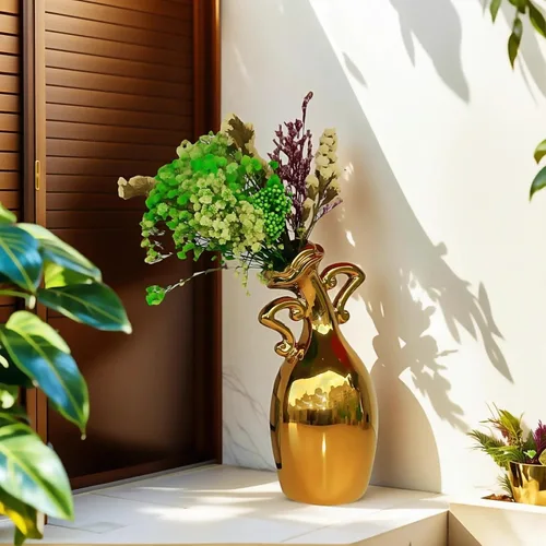 Vista 2 de Jarrón pequeño de cerámica dorada, un jarrón novedoso y lindo con forma única, jarrón moderno de decoración del hogar de 7 pulgadas, se puede