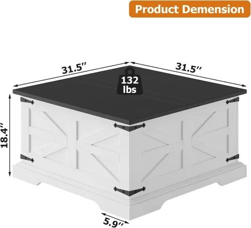 Vista 2 de Bigbiglife Mesa de centro de granja con almacenamiento, mesa central cuadrada de 31.5 pulgadas para sala de estar, mesa de cóctel de madera rústica