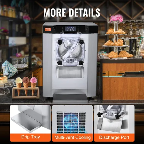 Vista 6 de VEVOR Máquina Comercial para Hacer Helados, Rendimiento de 12 L/H, 1713W Máquina para Helados Duros de Un Solo Sabor de Encimera, Cilindro de Acero