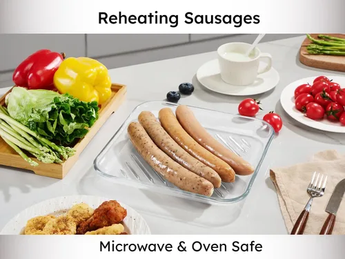 Vista 7 de Sartén para microondas, bandeja de tocino de microondas de vidrio de 10 pulgadas para calentar alimentos y hacer tocino crujiente, cuadrado