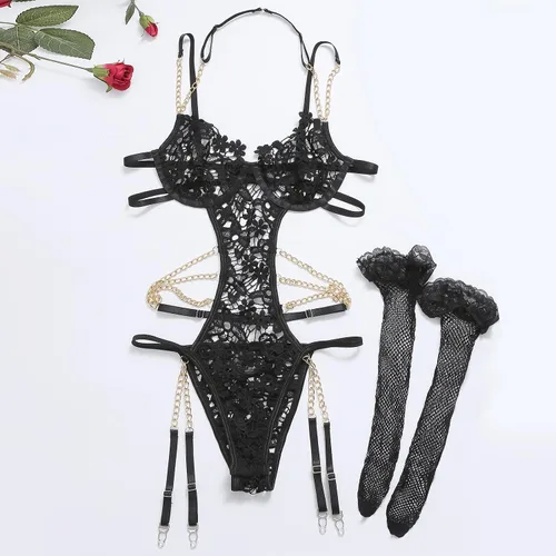 Vista 4 de Conjunto de lencería de encaje con correa de peluche para mujer body babydoll con liguero Rosado SmallMediumLarge