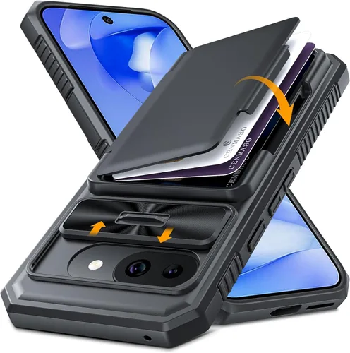 Vista 31 de CENMASO - Funda para Google Pixel 9 Pro XL con tarjetero (4 tarjetas), funda deslizante para cámara y función atril, bloqueo RFID, protección