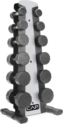 Vista 8 de CAP Barbell Rubber Coated Dumbbell Weight Set with Vertical Rack 100 lb, 150 lb, and 210 lb Options