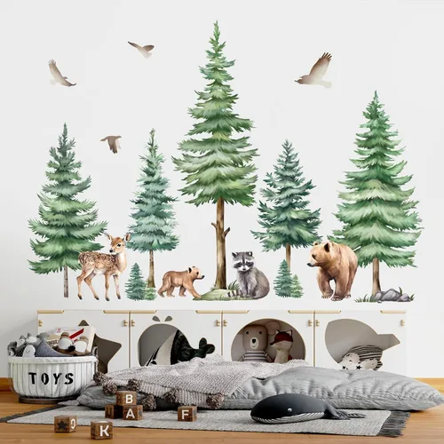 Vista 3 de decalmile Calcomanías de pared de pino grande, diseño de oso de bosque, decoración de pared para habitación de niños, habitación de niños