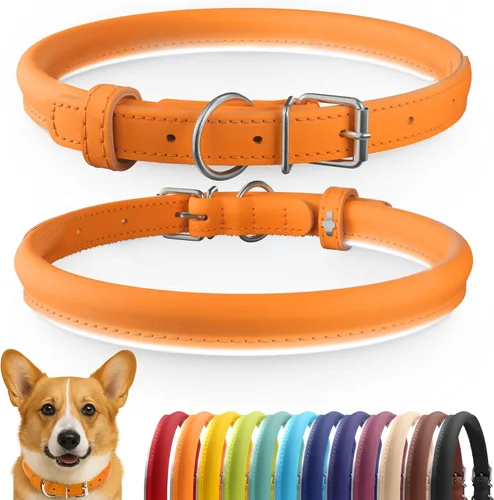 Vista 10 de CollarDirect - Collar de cuero enrollado para perro, collar redondo acolchado suave para cachorro, collar de cuero auténtico hecho a mano