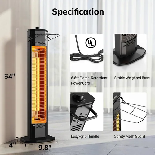 Vista 8 de Calentador eléctrico para patio al aire libre, calentador de torre infrarrojo de 34 pulgadas de 1500 W con calentamiento instantáneo, protección