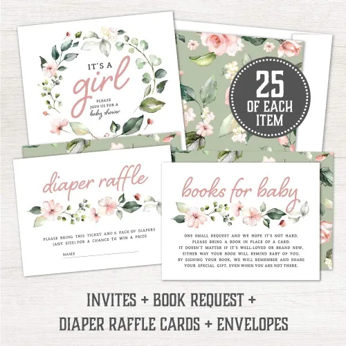 Vista 4 de Invitaciones de baby shower para niña con sobres (juego de 25) – Invitaciones florales para baby shower para niña con boletos para rifas de pañales