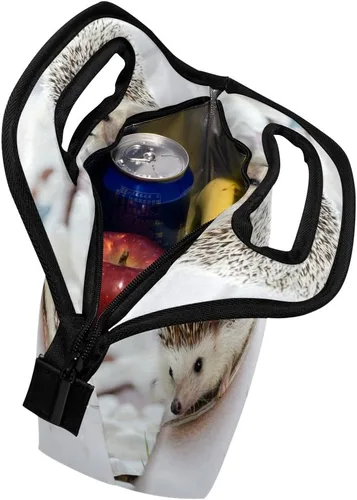Vista 5 de senya Bolsa de almuerzo con estampado de erizo de neopreno, reutilizable, aislada, impermeable, para la escuela, picnic, transportar, gourmet
