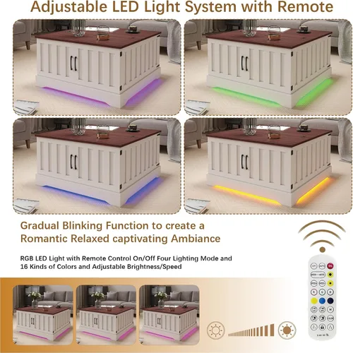 Vista 7 de HedoAjim Mesa auxiliar elevable de 31.5 pulgadas con almacenamiento, mesa de centro cuadrada blanca LED con gran almacenamiento oculto, mesa central