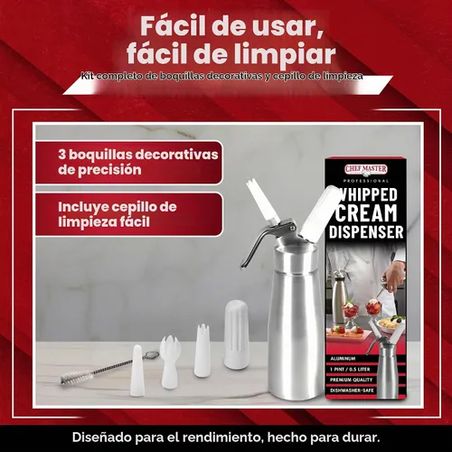 Vista 4 de Chef Master Dispensador de crema batida con 3 boquillas y cepillo de limpieza 1 pinta