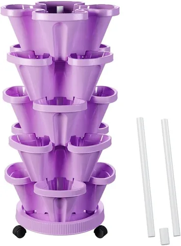 Vista 27 de Macetas verticales de fresa, paquete de 2 unidades, torre apilable de 5 niveles con poste de soporte, macetas apilables para hierbas y verduras