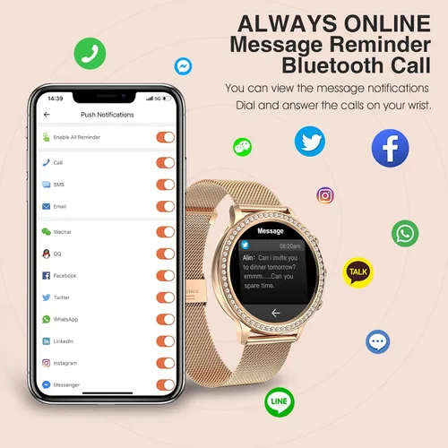 Vista 2 de Reloj inteligente para mujer (recepción de llamadas/marcación), reloj inteligente impermeable para teléfonos Android iOS con pantalla táctil HD