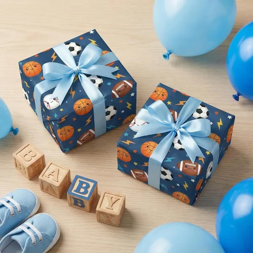 Vista 5 de SaringSwoon Papel de regalo para baby shower para niños y niños, papel de regalo de pelota deportiva azul con diseño de baloncesto, fútbol, béisbol