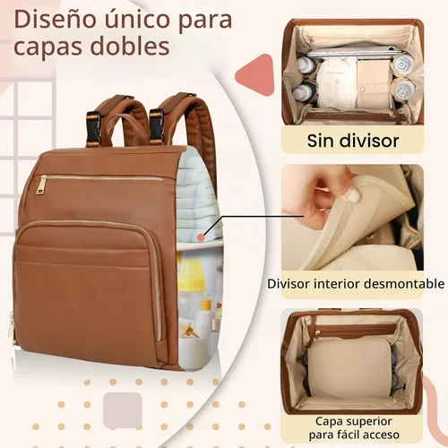 Vista 2 de Omanmoli Bolsa de pañales Mochila de cuero grande Bolsa de viaje para bebés Marrón