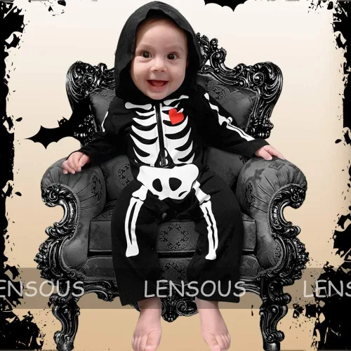 Vista 7 de Disfraz de esqueleto de Halloween para bebé niño con capucha de manga larga