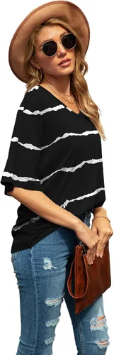Vista 4 de SUEANI - Camiseta de cuello en V para mujer, diseño holgado con manga 34 acampanada