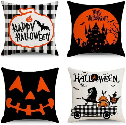 Vista 8 de MOJUN Juego de 4 fundas de almohada de Halloween de 18 x 18 pulgadas, fundas de almohada decorativas para sofá, sillón, casa rural, fiesta de Fundas