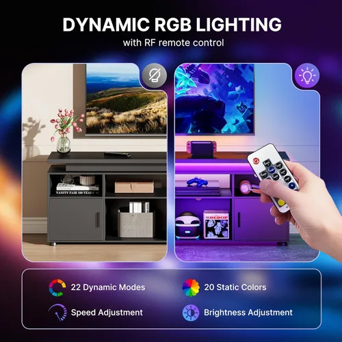Vista 2 de SUNCOZE Soporte de TV, centro de entretenimiento con luces LED y gabinete para TV de 70/75/80 pulgadas, consola de TV moderna para juegos y medios