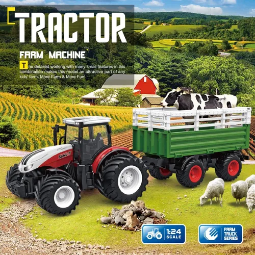 Vista 4 de fisca Juego de tractor de juguete a control remoto con carretilla elevadora delantera de remolque, escala 1/24, 2.4Ghz, camión de granja