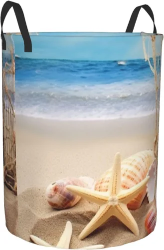Vista 2 de Cesta circular impermeable con estampado de estrellas de mar y conchas marinas, cesta organizadora de ropa sucia con asas para ropa, juguetes