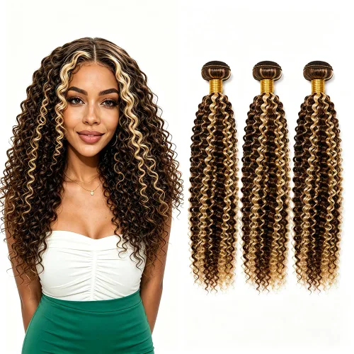 Vista 235 de P4613 Cabello humano rizado onda profunda marrón y paquetes mixtos 8 10 12 P4613 Ombre Marrón-Rubio-DP