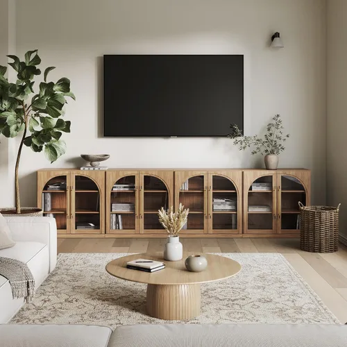 Vista 18 de BELLEZE Centro de entretenimiento modular de 4 piezas con almacenamiento, 2 vitrinas de madera moderna con gabinete arqueado y 2 armarios de puerta