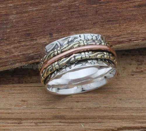 Vista 3 de 925 Silver Ring, Handmade Ring Women, Fidget Spinner Ring, Boho Silver Ring, Unique Spinner Ring, Meditation Silver Ring, Spinner Band Ring, Chunky