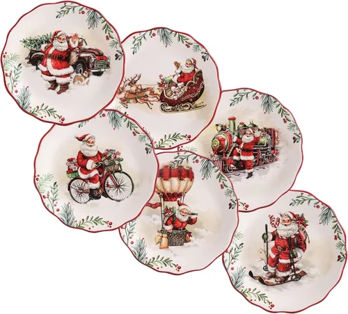 Vista 6 de Bico - Juego de 6 platos de aperitivo de gnomos navideños, 6 pulgadas, pequeños platos de postre de cerámica para bocadillos, ensalada, decoración