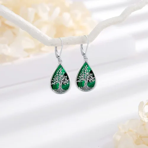 Vista 148 de Aretes colgantes de plata de ley con diseño de árbol de la vida, flor, abeja, animales, gato, colibrí, piedra lunar, turquesa, aretes con cierre