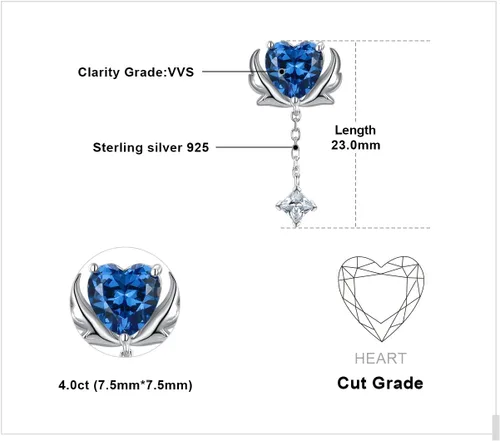Vista 2 de JewelryPalace Love Heart - Aretes colgantes de circonita cúbica de color zafiro de 3 quilates para mujer, alas de ángel de plata de ley 925, aretes