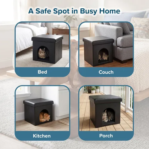 Vista 4 de Cat House - Otomana plegable multiusos para perros o gatos pequeños con reposapiés, parte superior acolchada y almohada interior (negro)