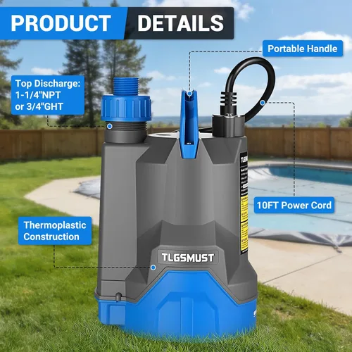 Vista 6 de Bomba de agua sumergible, 1/3 HP 2450GPH Bomba de agua termoplástica eléctrica portátil de transferencia para piscina, sótano, inundación, jardín