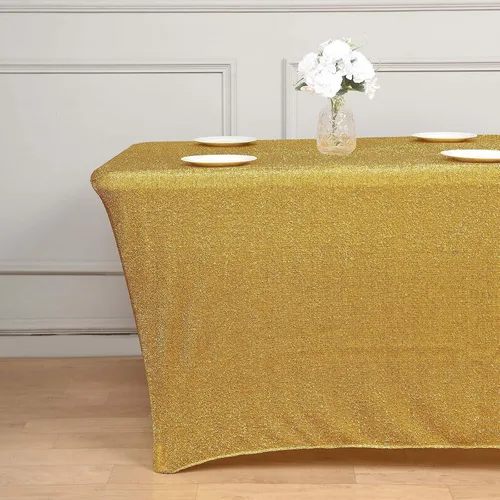 Vista 2 de Efavormart - Mantel rectangular ajustable de elastano de 6 pies, color dorado metálico con purpurina